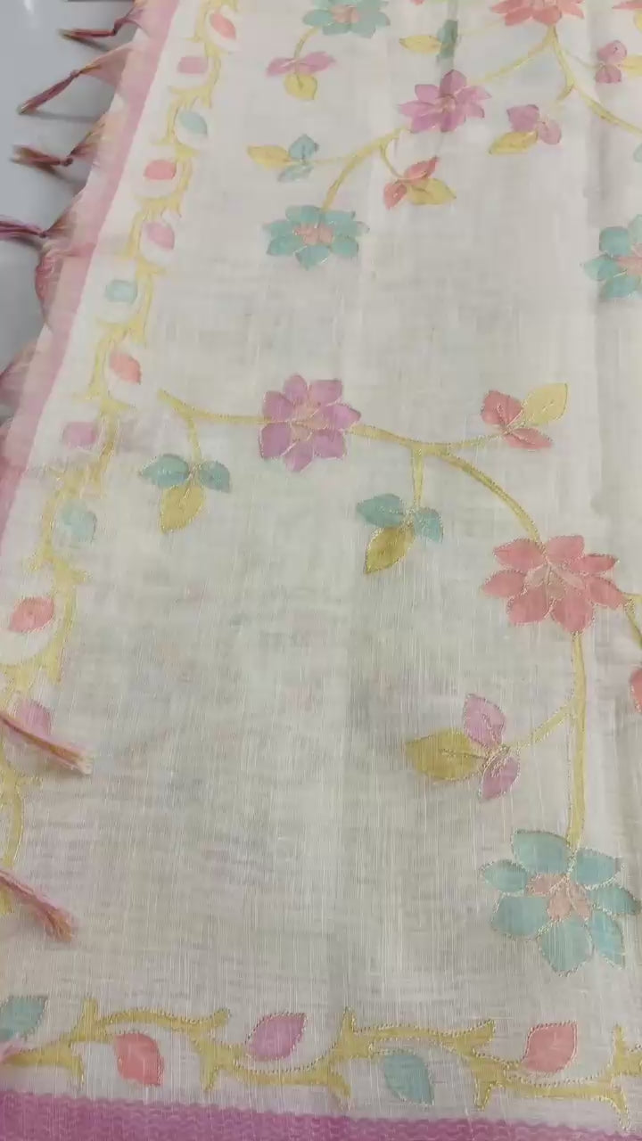 Whisper Bloom – Pure Linen Tissue Saree with Handcrafted Pastel Floral Artistry
