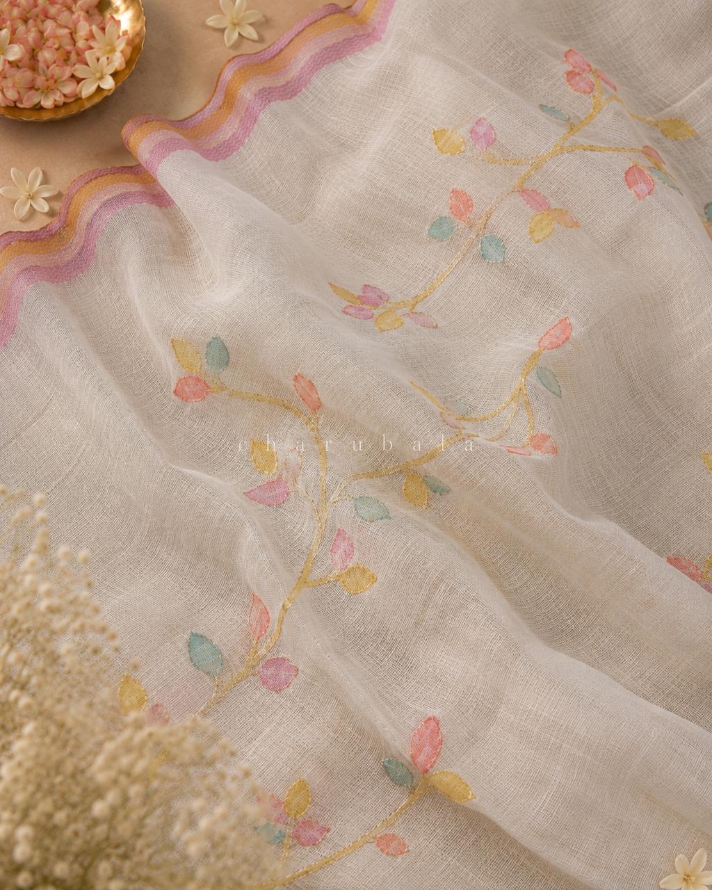 Whisper Bloom – Pure Linen Tissue Saree with Handcrafted Pastel Floral Artistry
