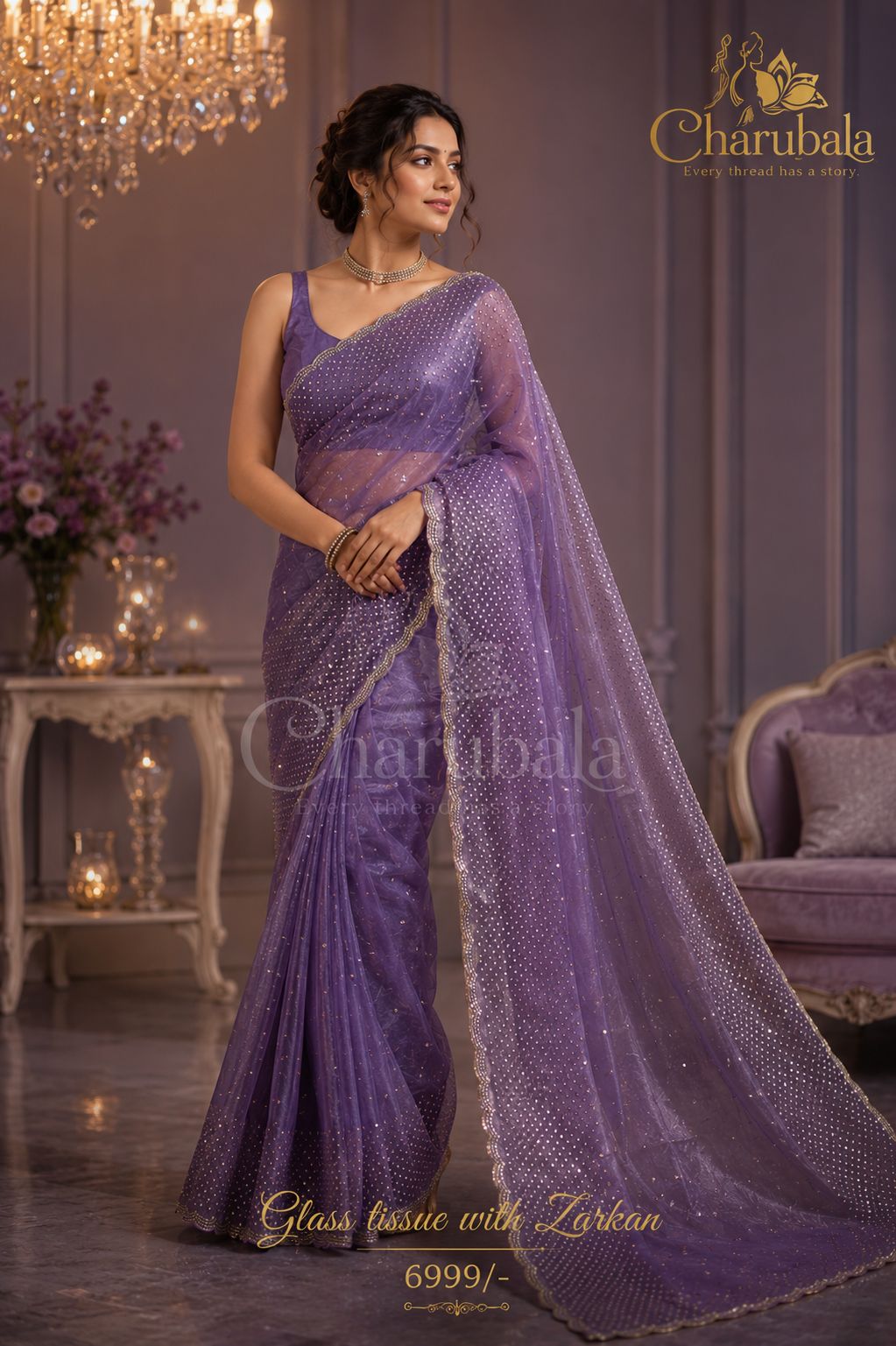 Neelima Glass Tissue Saree with Zarkan Handwork
