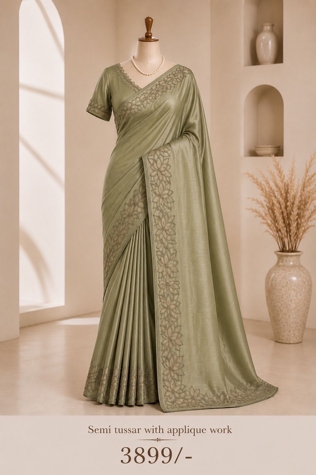 Sage Aura Semi Tassar Applique Work Saree