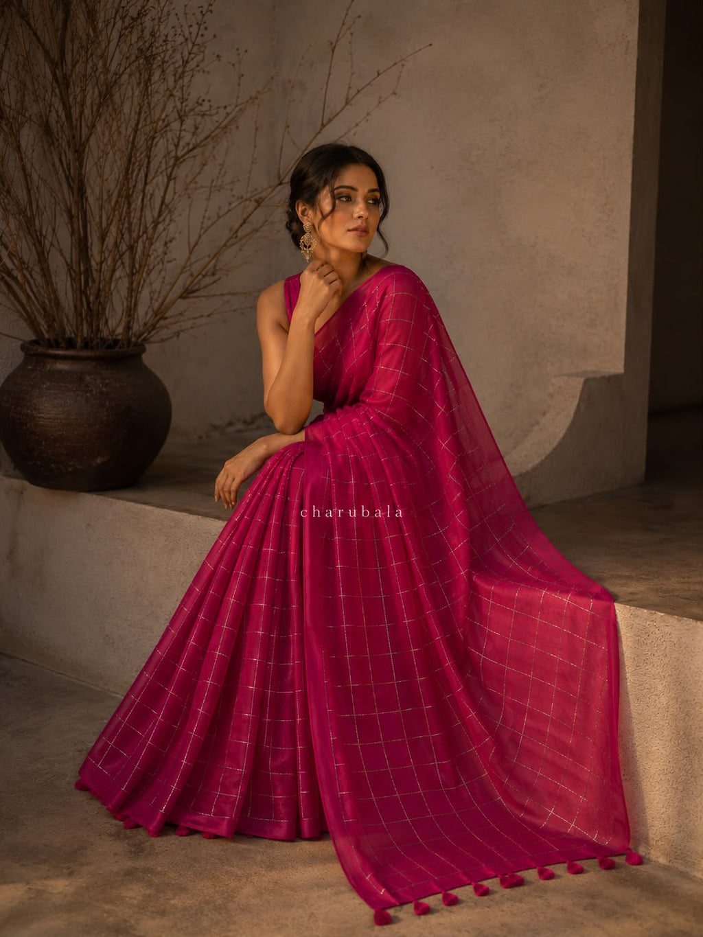 Fuchsia Glow | Tissue Sequin Check Saree
