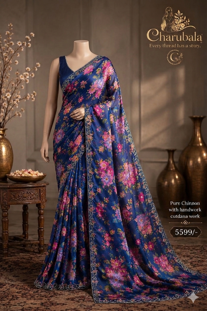 Luxe Pure Chinnon Saree with Hand Cutdana Work