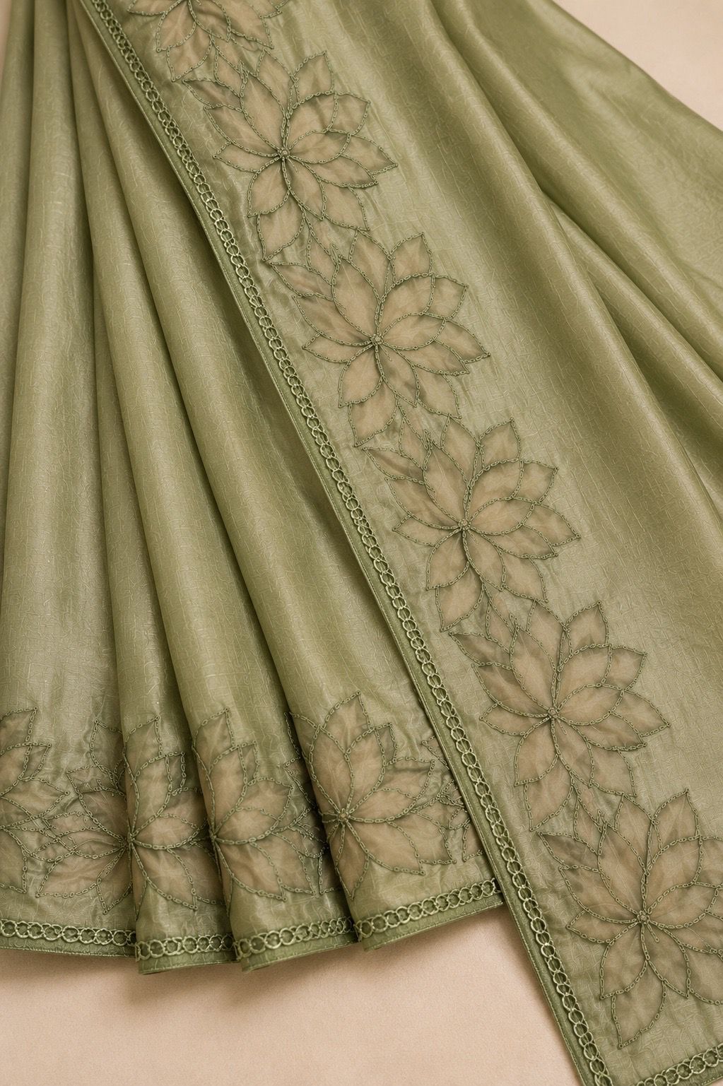 Sage Aura Semi Tassar Applique Work Saree