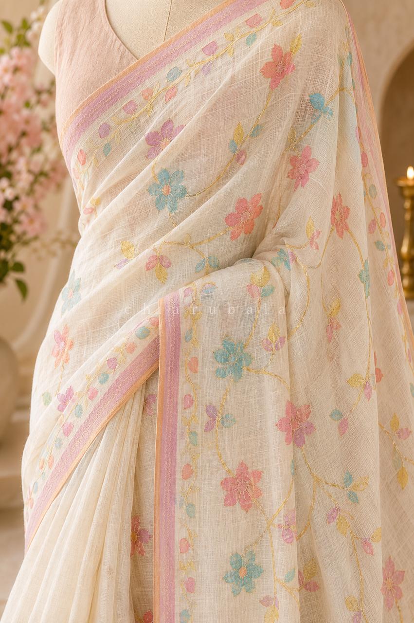 Whisper Bloom – Pure Linen Tissue Saree with Handcrafted Pastel Floral Artistry