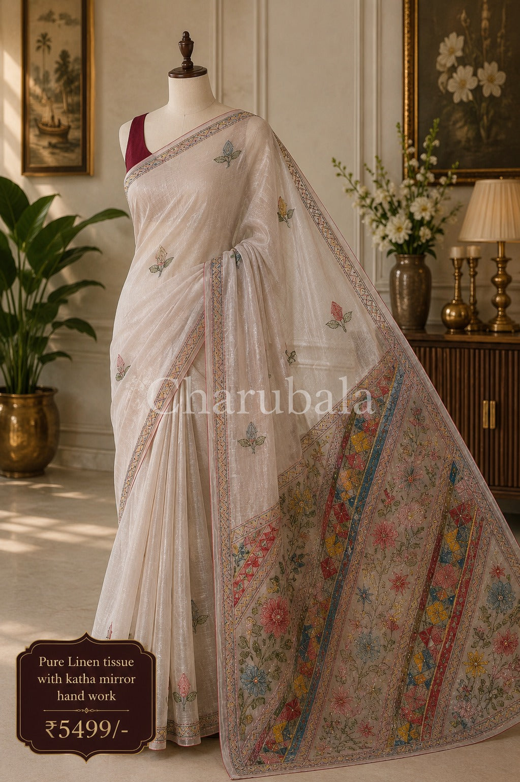 Premium Linen Tissue with Katha Mirror Handwork