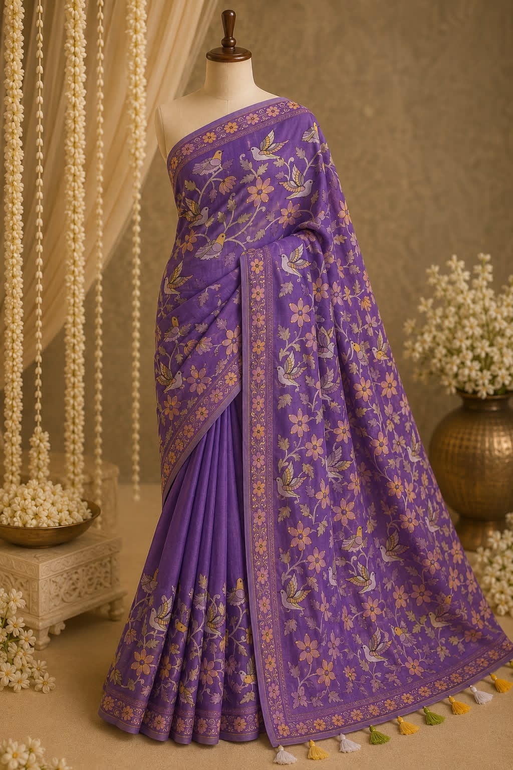 Whispers of Spring – Premium Mul Cotton Saree With Full Hand embroidery
