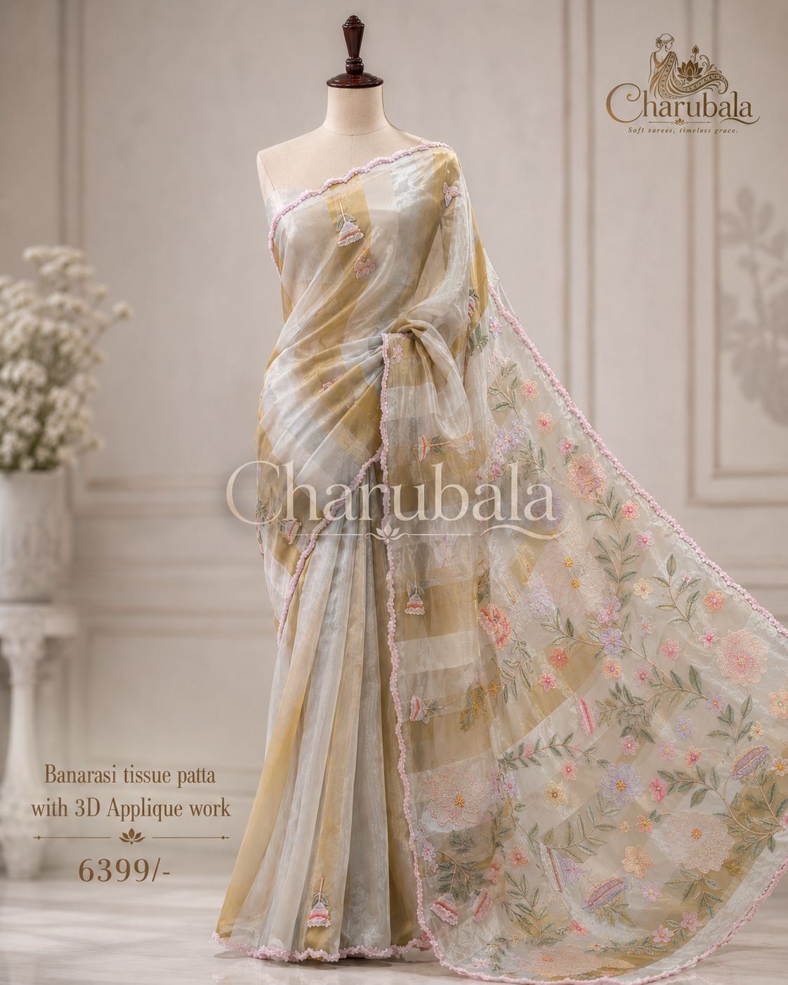 Ivory Royale Banarasi Tissue Applique Saree