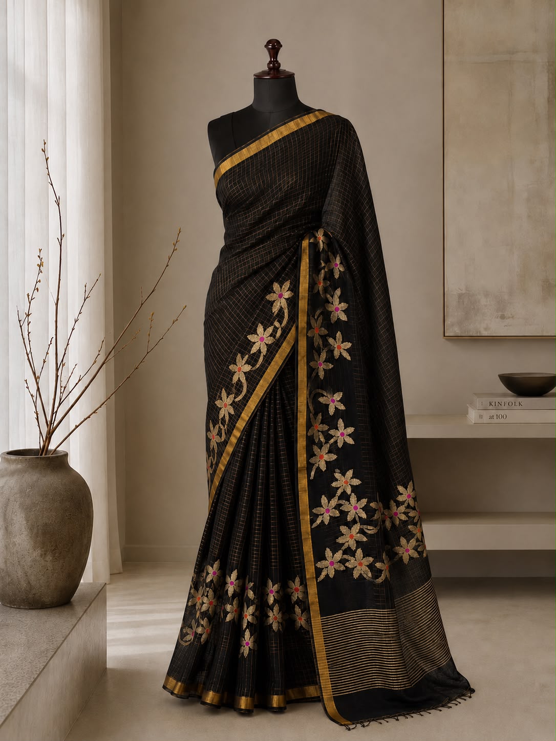 Pure Linen Handloom Saree with Golden uncut Zari weave