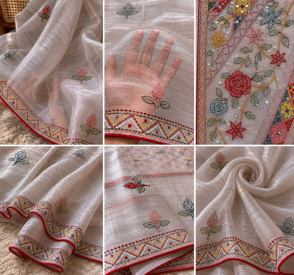 Premium Linen Tissue with Katha Mirror Handwork