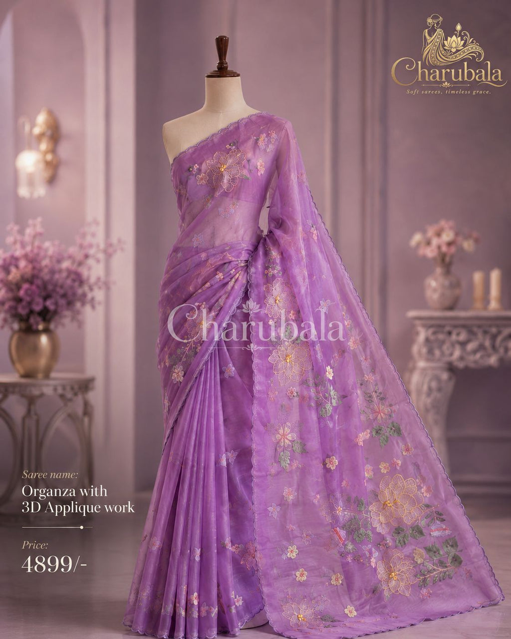 Lavanya Organza Saree with 3D Floral Applique Work