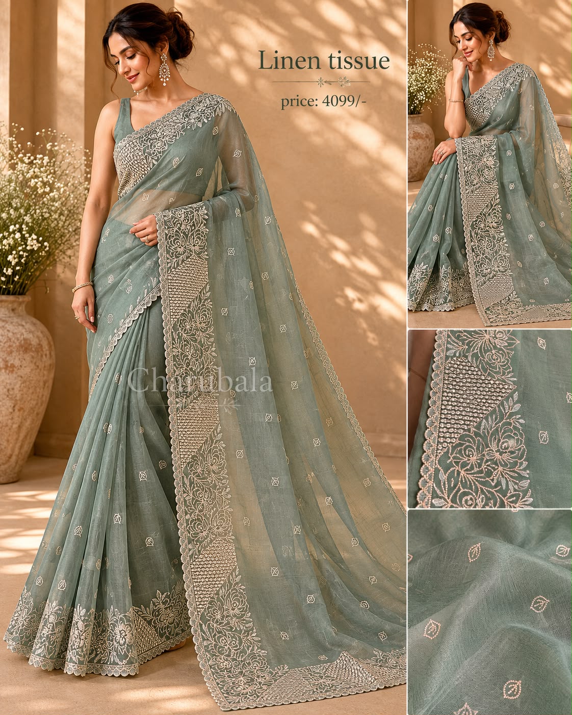 Alpona Linen Tissue Saree with Handwork