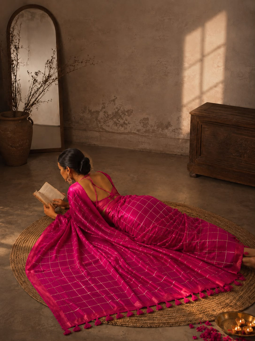 Fuchsia Glow | Tissue Sequin Check Saree