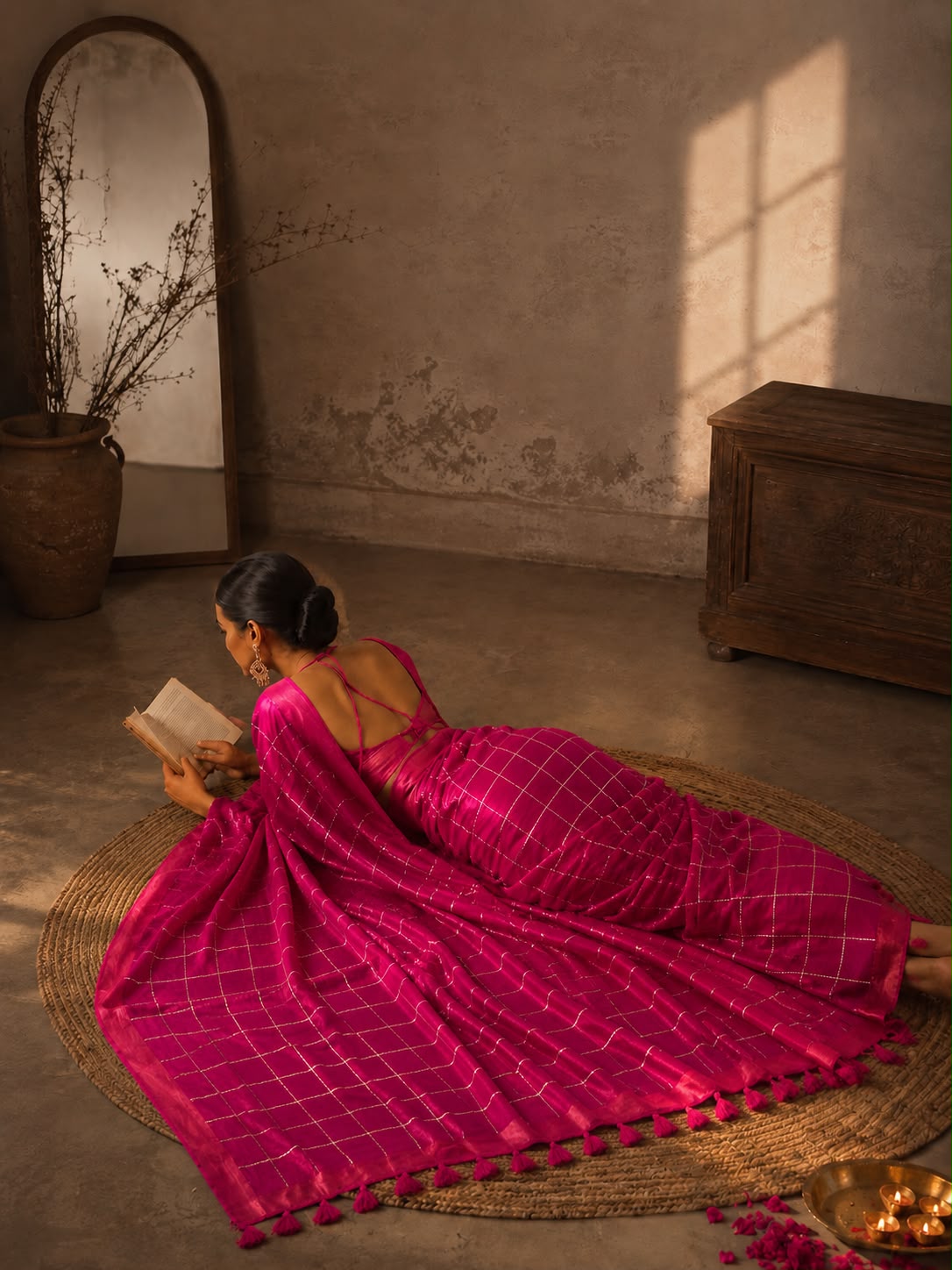 Fuchsia Glow | Tissue Sequin Check Saree