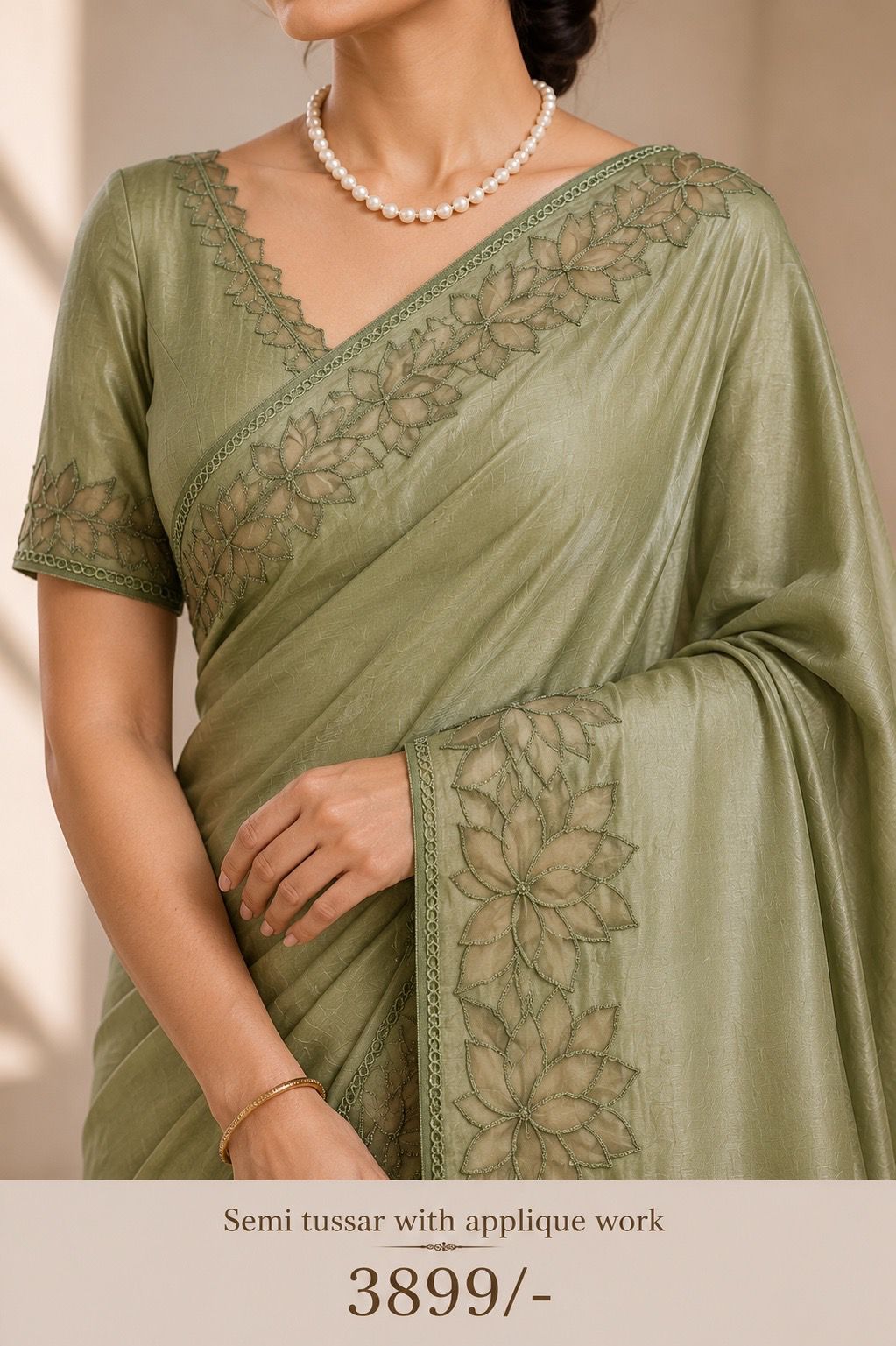 Sage Aura Semi Tassar Applique Work Saree