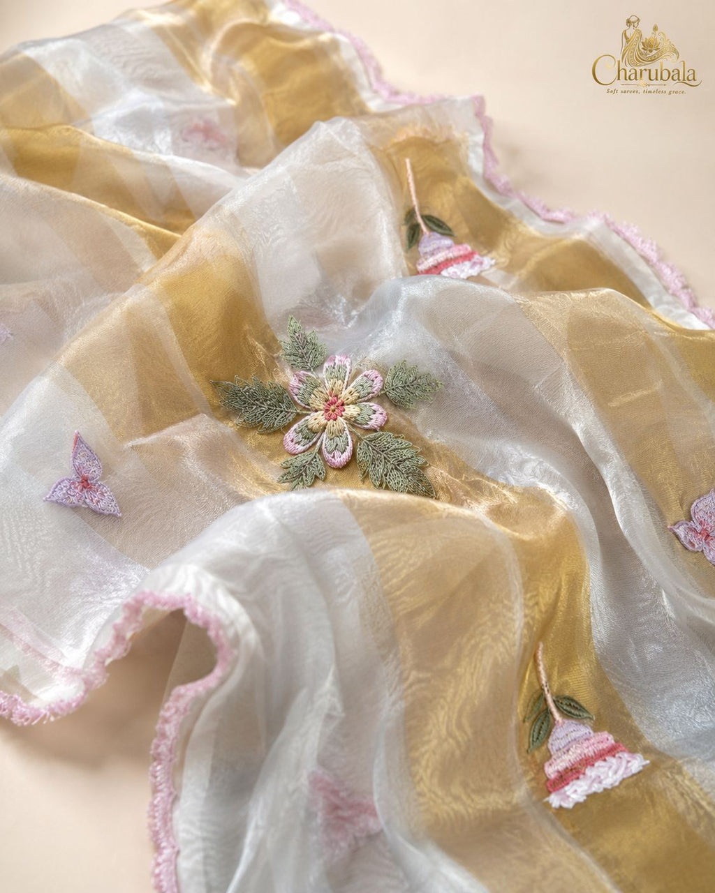 Ivory Royale Banarasi Tissue Applique Saree