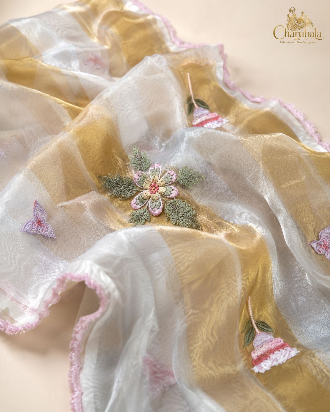 Ivory Royale Banarasi Tissue Applique Saree