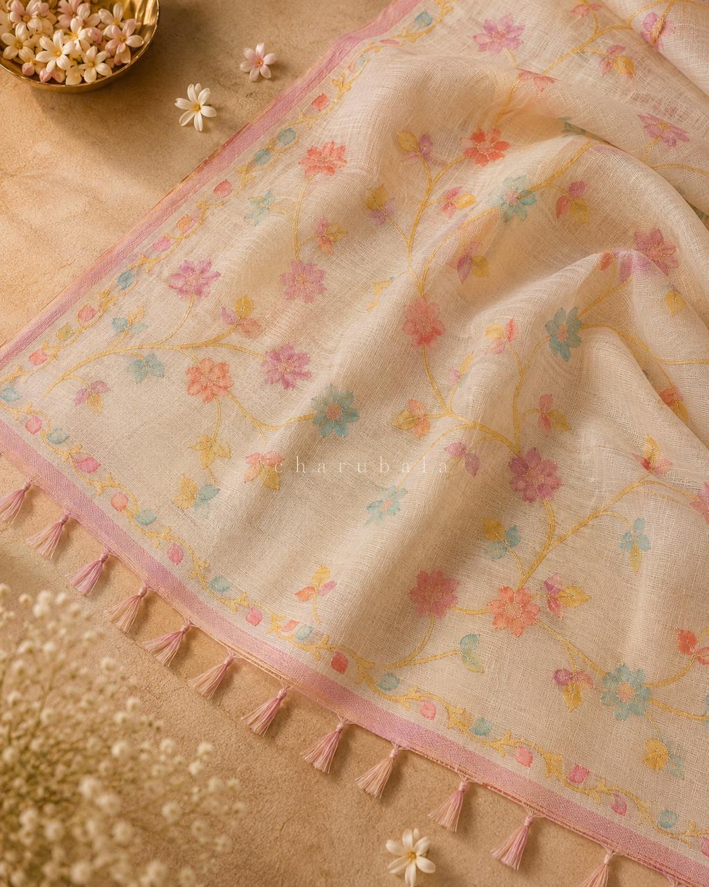 Whisper Bloom – Pure Linen Tissue Saree with Handcrafted Pastel Floral Artistry