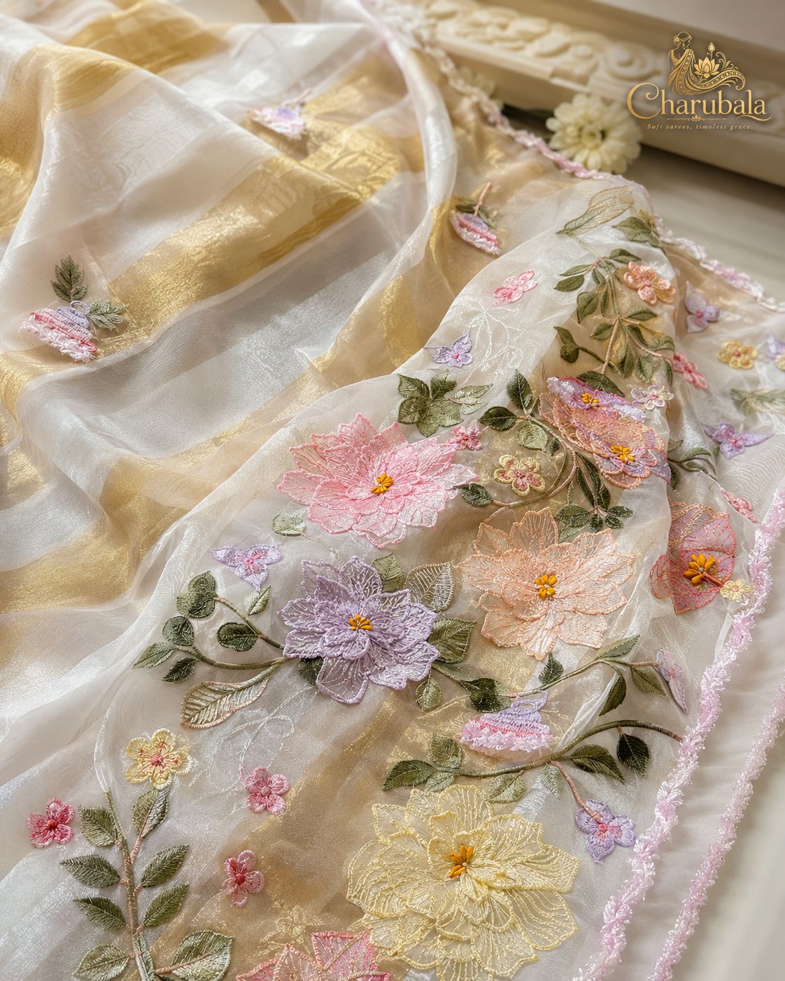 Ivory Royale Banarasi Tissue Applique Saree