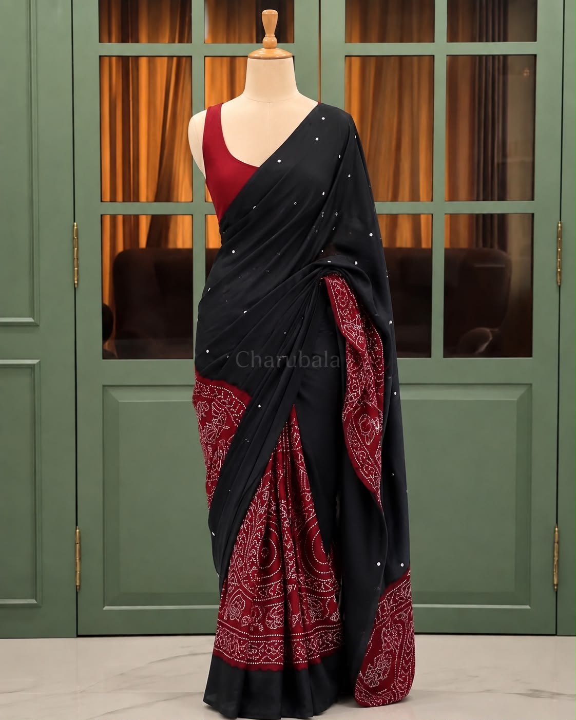 Ajrakh Mirror Magic – Modal Satin Bandhani Saree
