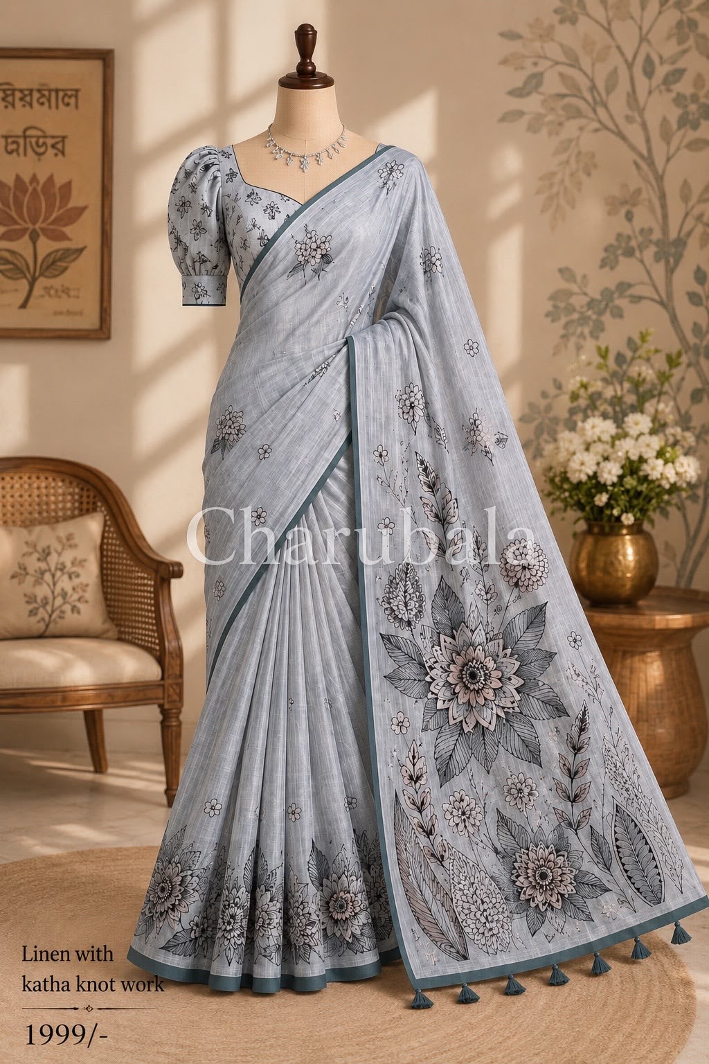 Zarna Linen Saree with Katha Knot Work