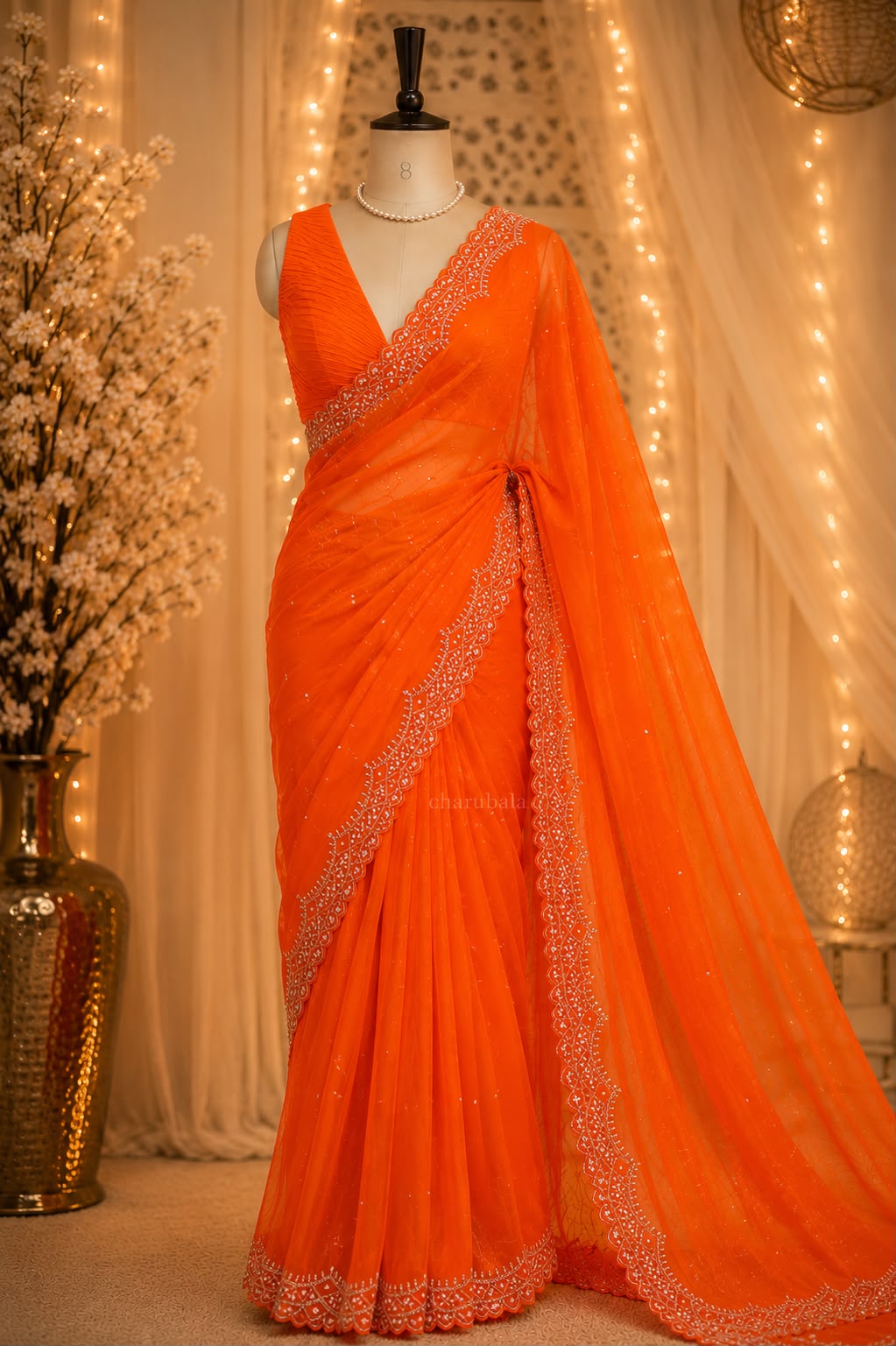 Sunset Glow Premium Organza Saree with Hand Embroidered Cutdana Border