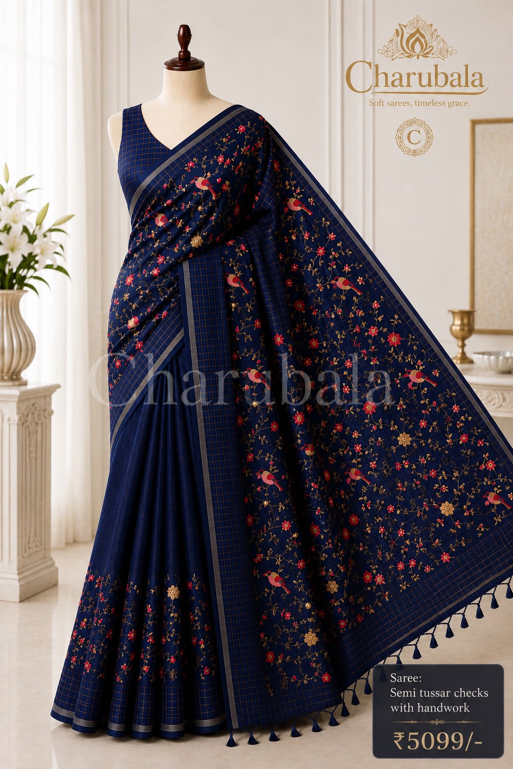 Regal Checks Semi Tassar Saree with Handwork