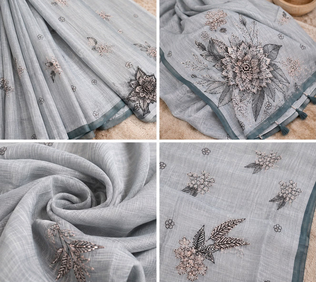 Zarna Linen Saree with Katha Knot Work