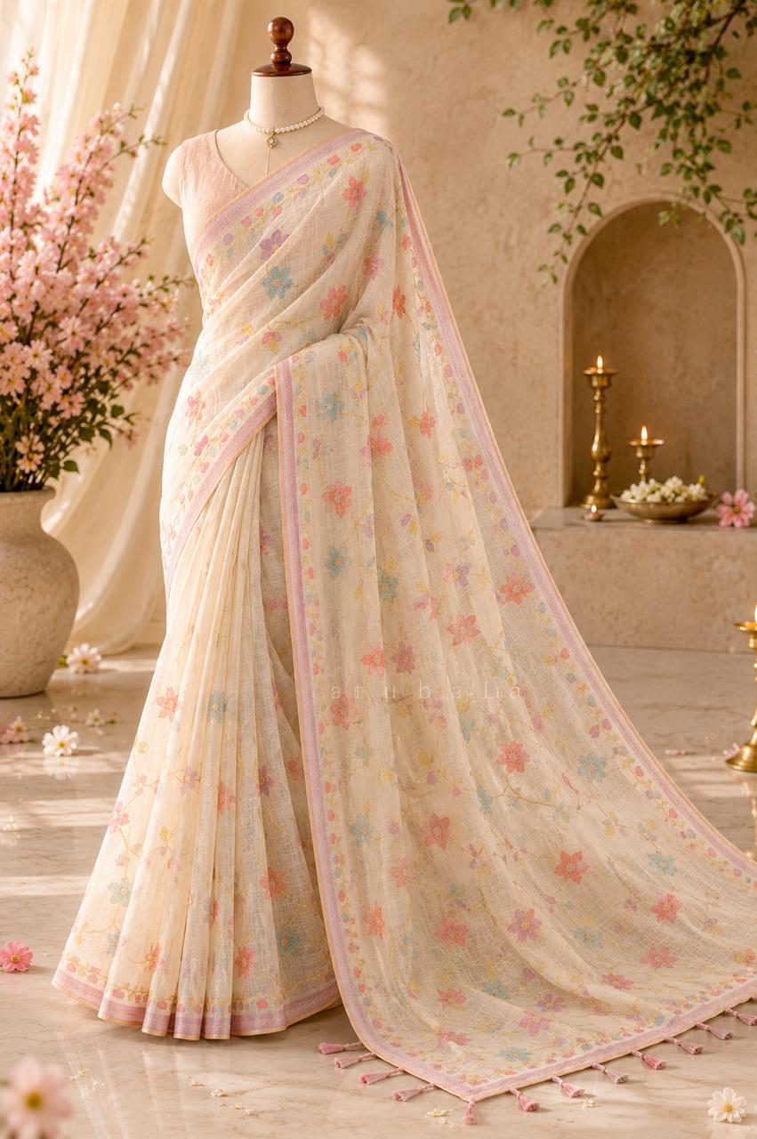 Whisper Bloom – Pure Linen Tissue Saree with Handcrafted Pastel Floral Artistry