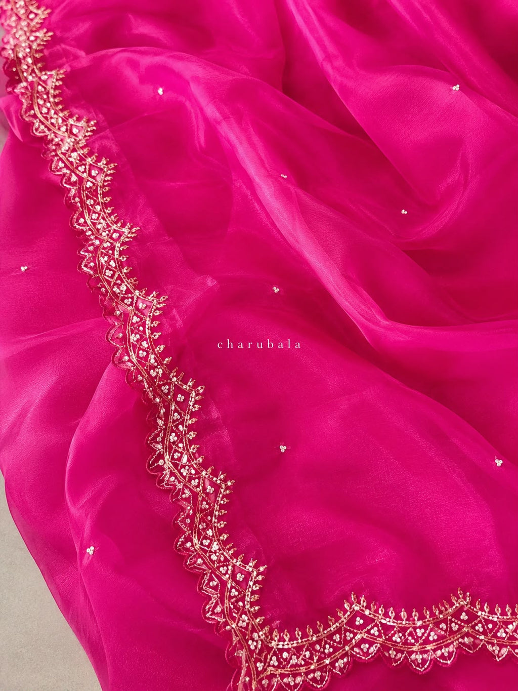 Sunset Glow Premium Organza Saree with Hand Embroidered Cutdana Border
