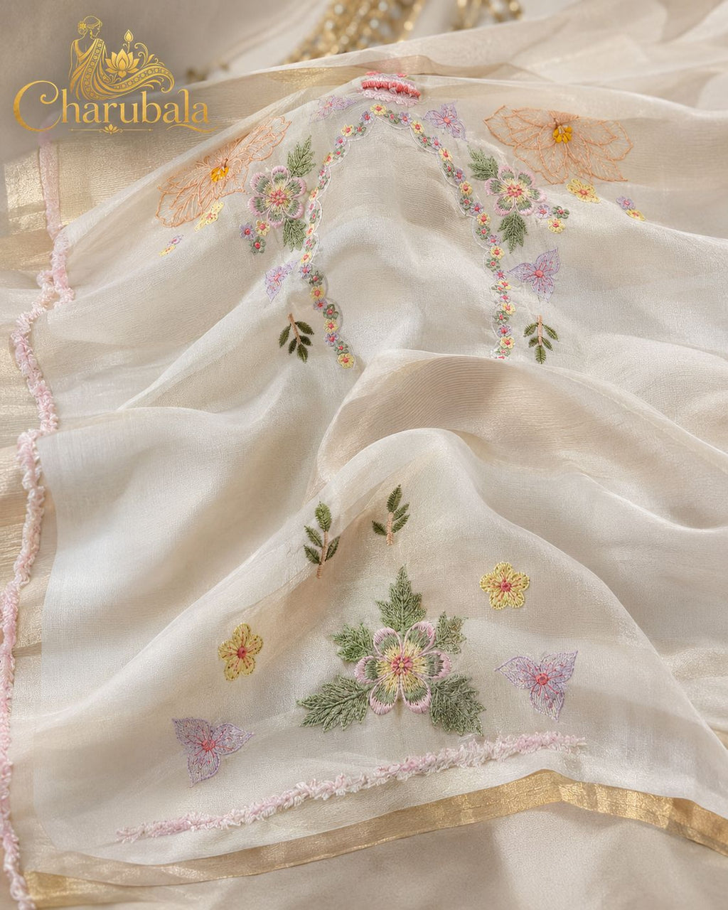 Ivory Royale Banarasi Tissue Applique Saree