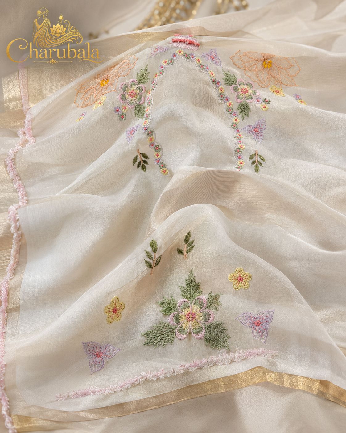 Ivory Royale Banarasi Tissue Applique Saree