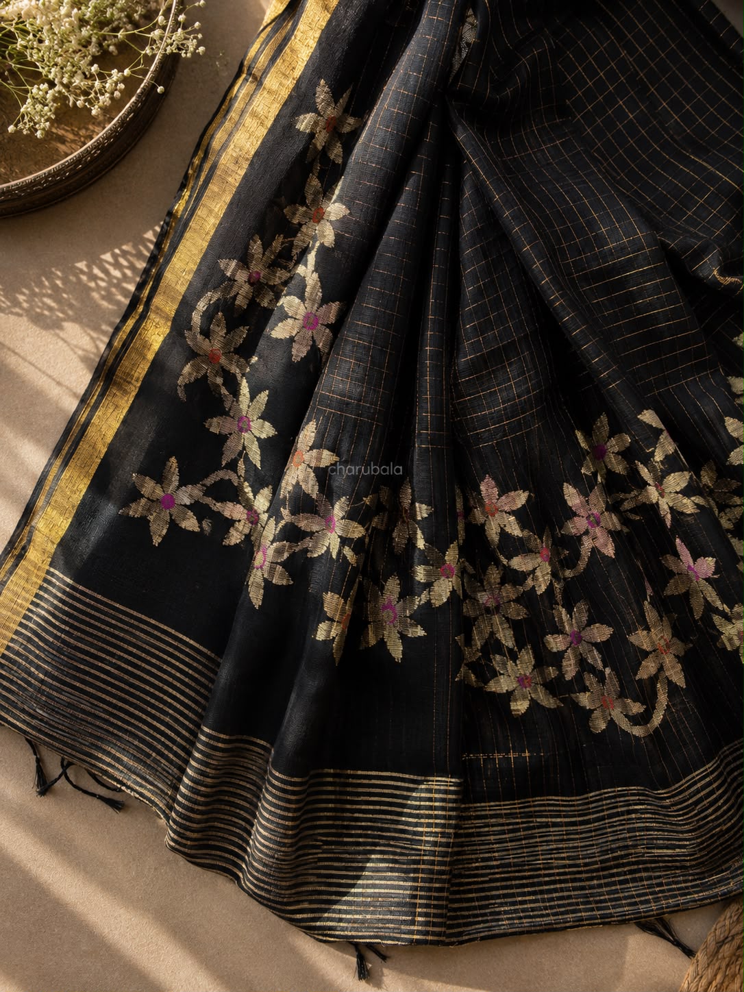 Pure Linen Handloom Saree with Golden uncut Zari weave